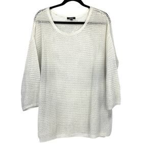 Premise Womens Open Knit Mesh Pullover Sweater XL Ivory Oversized 3/4 Sleeve